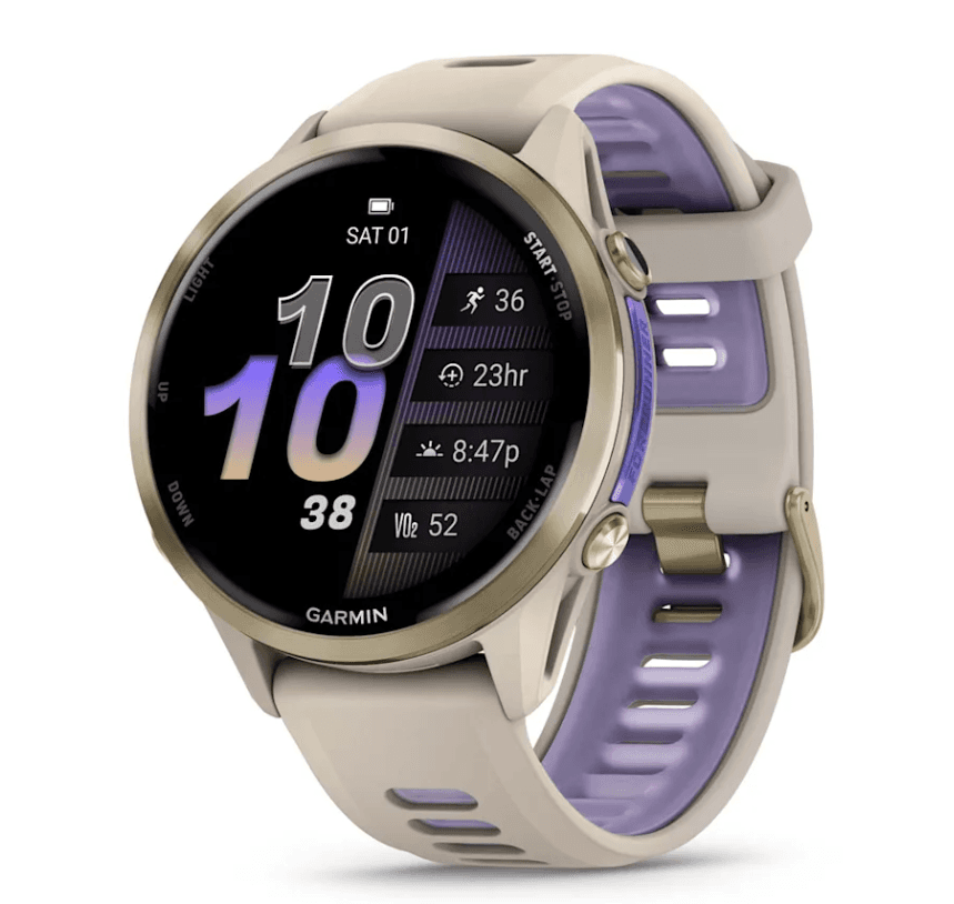 Forerunner® 970 Soft Gold Titanium with French Gray Case and French Gray/Translucent Indigo Band